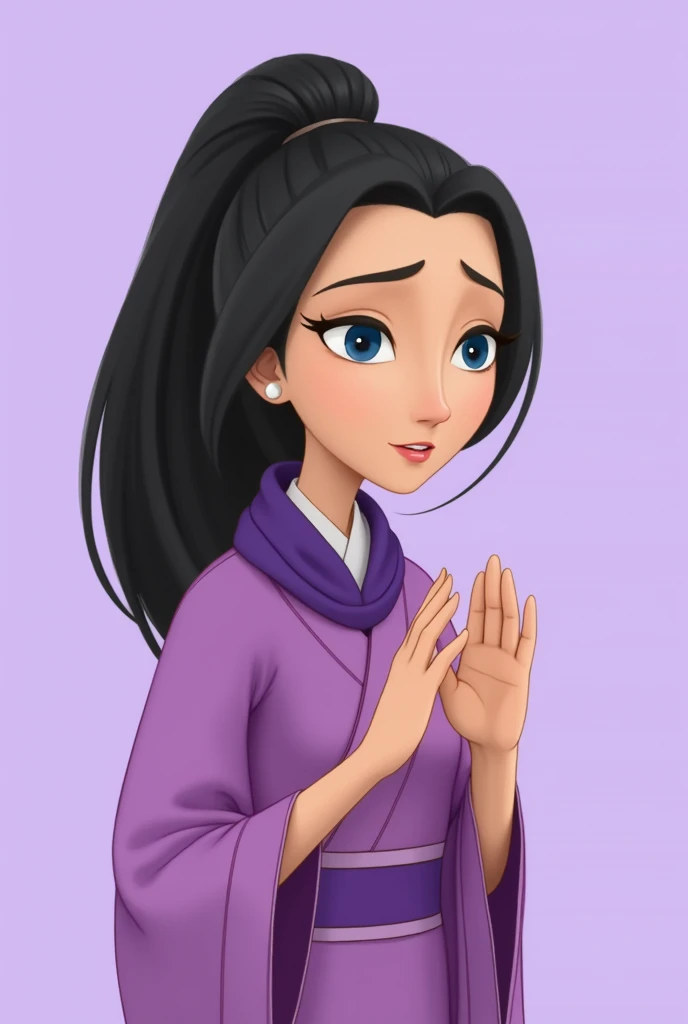 nzyfr,A cartoon drawing of a woman with long black hair tied in a ponytail. She is wearing a purple dress with a purple scarf around her neck. Her hair is pulled back in a bun. Her eyes are blue and her eyebrows are black. Her hands are raised in the air. ...