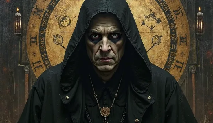 A dark portrait of Alister Crowley with a penetrating gaze, surrounded by occult symbols and a mysterious aura."