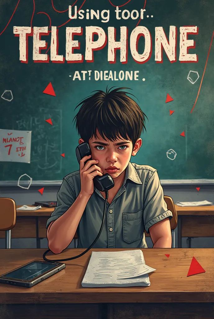 Generate a poster where the risks of using the telephone at school where you are at risk 