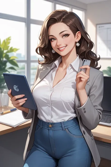 A professional japanese woman with long wavy dark brown hair, wearing a stylish light gray blazer over a white blouse and blue jeans. She is standing in a modern, bright office with large glass windows, holding a smartphone to her ear while smiling confide...