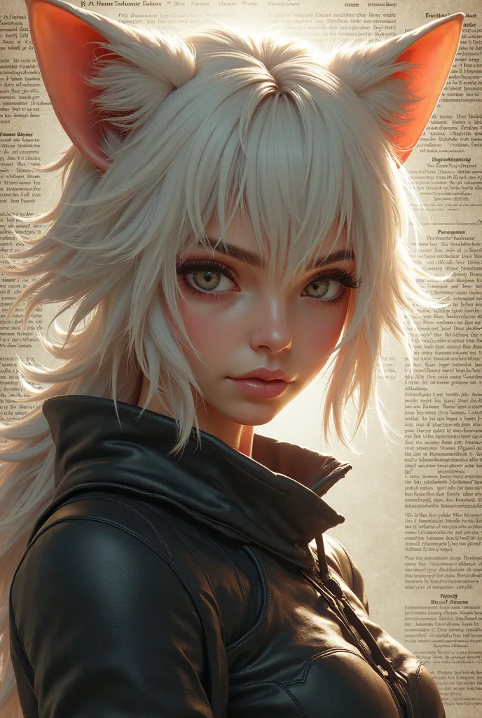 Y'shtola Rhul from FFXIV Miqo'te real hyperrealist Hyperrealism as the protagonist of the cover and with background texts as if it were a real magazine.  outfit.  hyperrealism. live action magazine.