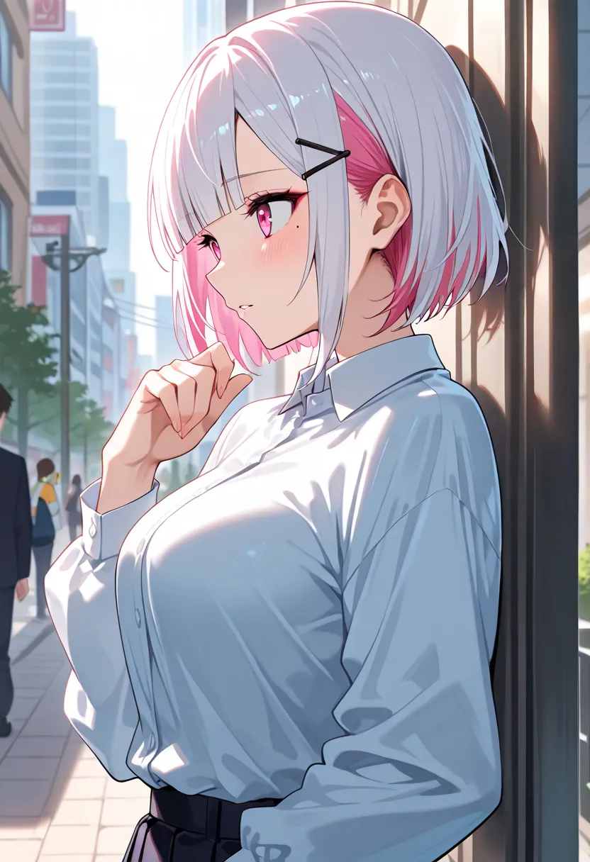  score_9,  score_8_up,  score_7_up,  score_6_up,  score_5_up,  score_4_up,  source_anime, tag1,  tag2, quality_masterpiece, anatomically accurate, (medium breasts), young woman,  short hair, White Hair,  two-tone hair, pink hair, blunt bangs, side lock,  h...