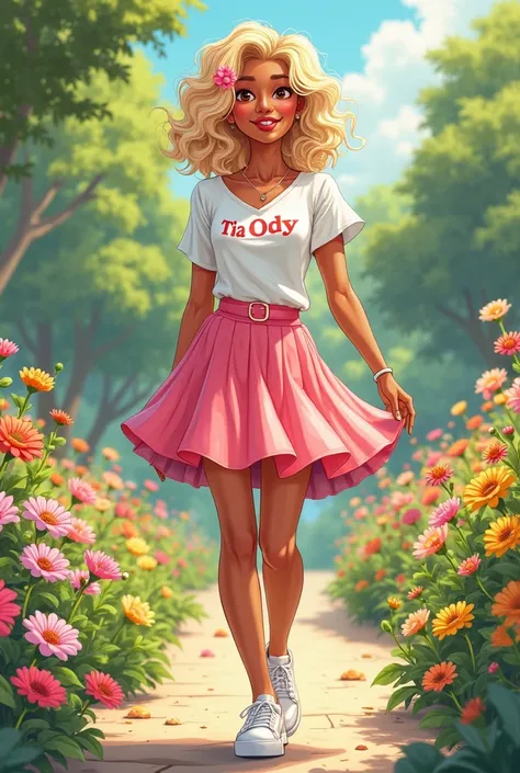 Create an adoodle art drawing of a smiling ren's teacher .  a caramel-colored woman  ,Curly blond hair tied hairstyle style ,She has a lock of pink hair, brown eyes,wearing well-behaved clothes ,a beautiful tulle skirt in cheerful colors in shades of pink ...