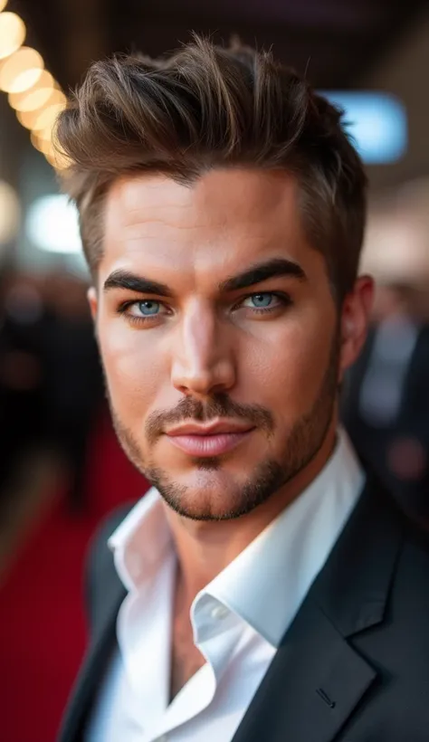 "A well-groomed man with stylish, voluminous hair, neatly trimmed beard, and sharp jawline. He is wearing a tailored suit with a white shirt, exuding confidence. His piercing blue eyes and a subtle smirk add to his charismatic appearance. The background is...