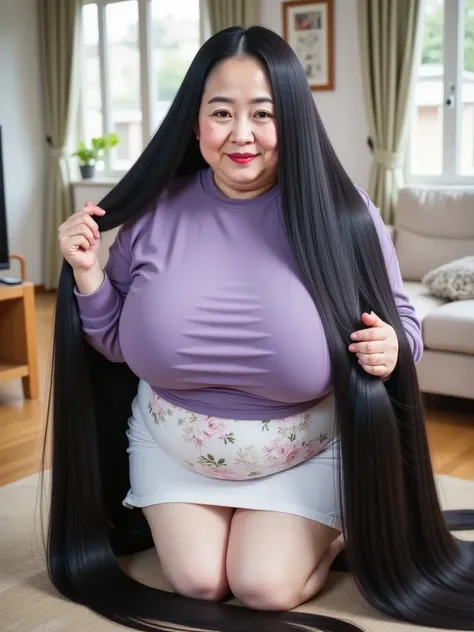 mature woman with ridiculously long dark hair while sitting on the living room floor、リビングの床に座りながら、 turn around、happy smiles、Her huge saggy breasts are saggy ,purple high neck sweater,white floral skirt, 8k, top quality, masterpiece, super high resolution ,...