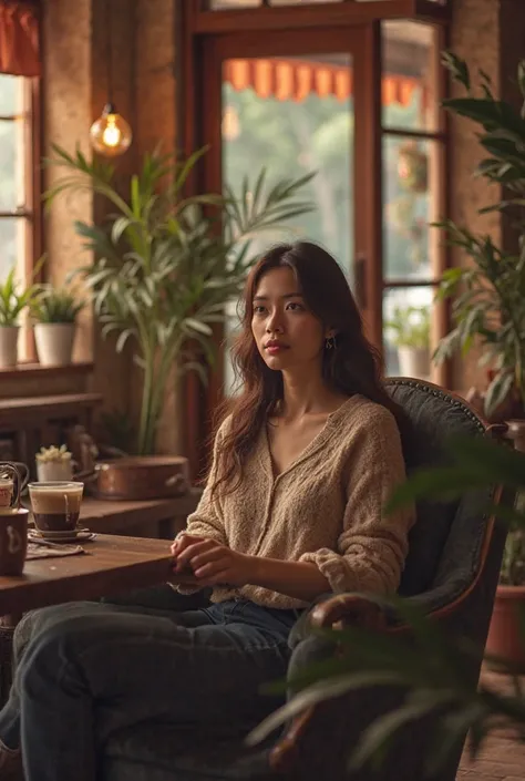 A woman sitting in a coffee shop chair warmly happy looking at a man entering through the door 