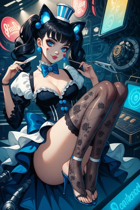 "A beautifully crafted marionette doll of a girl with semi-long black hair, striking blue eyes, and delicate black cat ears. The doll is dressed in an elegant blue tailcoat with intricate neon patterns, resembling a futuristic circus performer. Glowing blu...