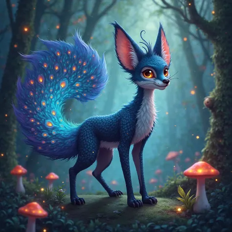 "Design a mystical hybrid that combines the cunning nature of a fox with the regal elegance of a peacock. The creature should have the slender, agile body of a fox, but its tail should be a magnificent fan of shimmering, peacock-like feathers, glowing with...