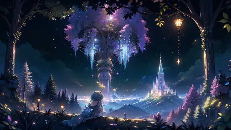 ((masterpiece)),(( top quality )),(( high detail)), background, fantasy,  beautiful forest, PASTEL COLOR, Delicate decorative ornament,  Magical World , Fairyland, Sparkling Light, Back view of the fairy queen