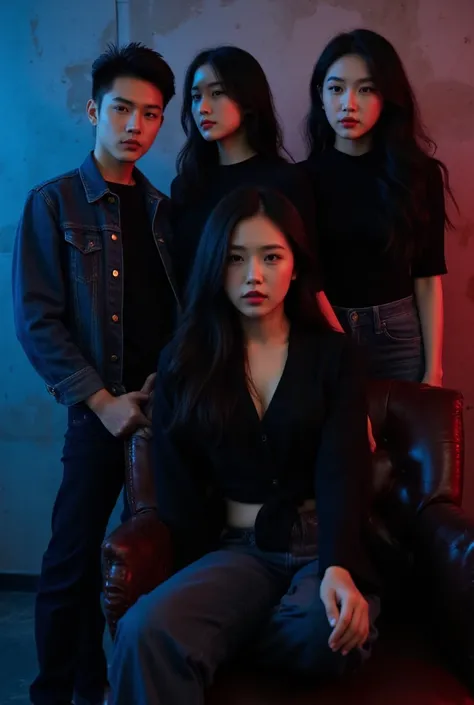 [Four Asian musicians in their 20s; 1 man: He has; short, slightly spiky black hair style, wearing a black t-shirt, blue jeans jacket. hair cut short. 1 woman with long, wavy black hair, wearing dark trousers. The clothes have a contemporary feel, a little...