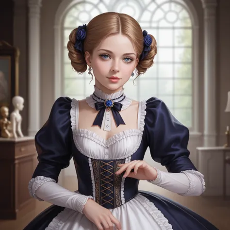 Dynamic angle. Dynamic pose. Youngster girl. Mid body view. Victorian dress. Playing with a doll. Long straight hair.