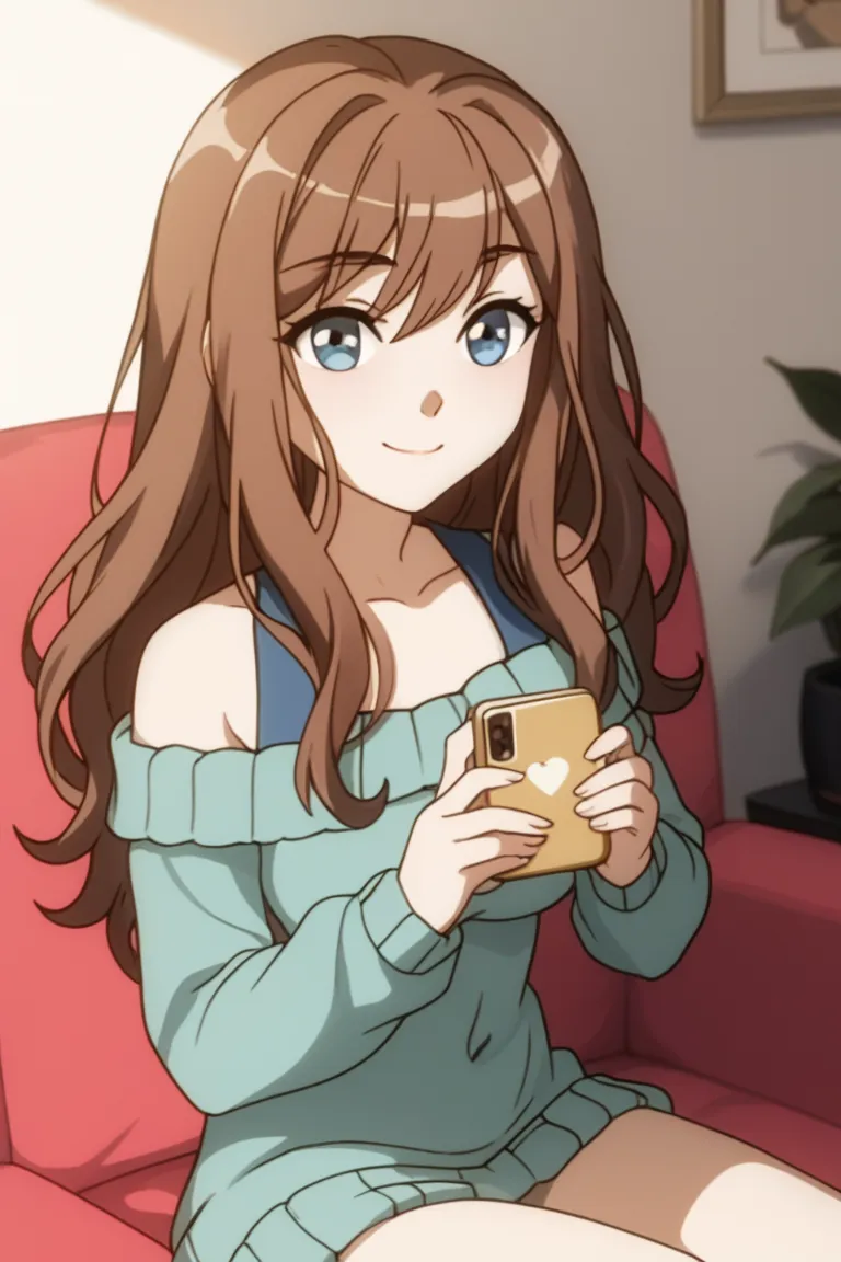 Caucasian girls,  thin, B cup breasts. blue eyes.  long wavy hair,  dark brown,  long open bangs . Just wear a blue sweater.  smiling. Sitting with a telephone.