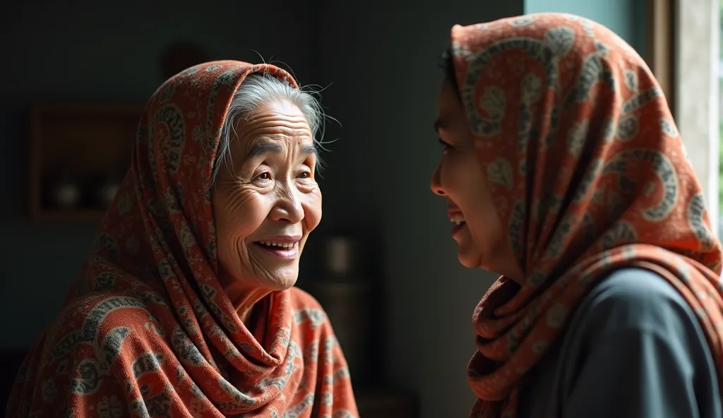 ((An 80-year-old woman in a beautiful hijab named sutini was traumatized, was talking to Nisa,  With joy )), 4K, 8k, HD, realistic, professional photograph ((indonesian face)).