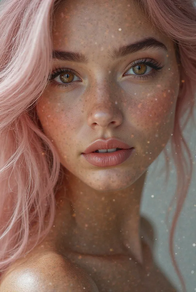 A defined thin woman , with delicate tanned facial skin , light brown eyes ,  wavy light pink hair , Defined and arched eyebrow 