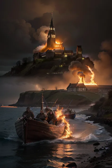 Make 3D pictures "A dramatic scene of Viking warriors in longships attacking the Lindisfarne monastery, with flames rising from the building and the sea full of Viking longboats. The sky is overcast, casting an ominous glow over the scene with a fiery oran...