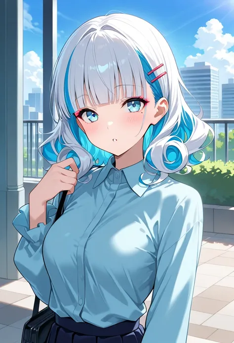  score_9,  score_8_up,  score_7_up,  score_6_up,  score_5_up,  score_4_up,  source_anime, tag1,  tag2, quality_masterpiece, anatomically accurate, (medium breasts), young woman, , curly hair, White Hair,  two-tone hair, blue hair, blunt bangs, side lock,  ...