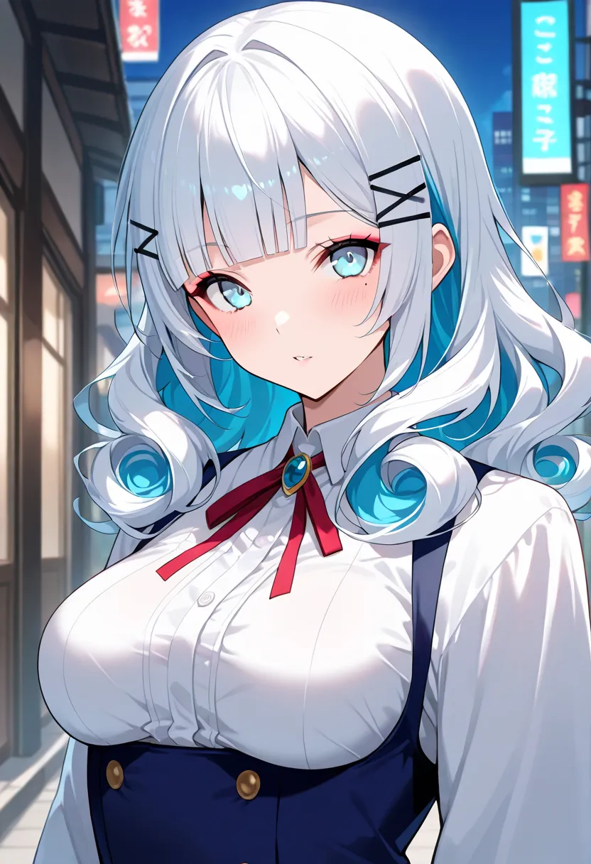  score_9,  score_8_up,  score_7_up,  score_6_up,  score_5_up,  score_4_up,  source_anime, tag1,  tag2, quality_masterpiece, anatomically accurate, (medium breasts), young woman, , curly hair, White Hair,  two-tone hair, blue hair, blunt bangs, side lock,  ...