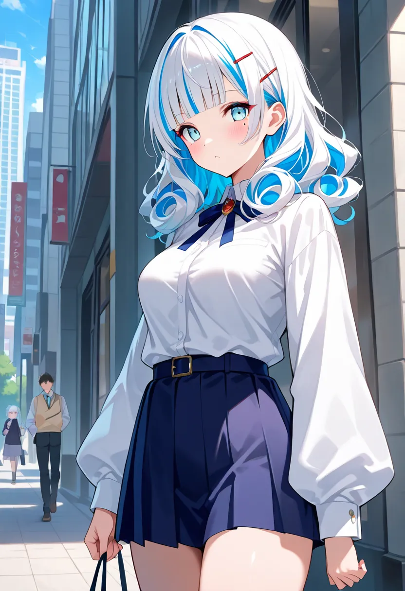  score_9,  score_8_up,  score_7_up,  score_6_up,  score_5_up,  score_4_up,  source_anime, tag1,  tag2, quality_masterpiece, anatomically accurate, (medium breasts), young woman, , curly hair, White Hair,  two-tone hair, blue hair, blunt bangs, side lock,  ...