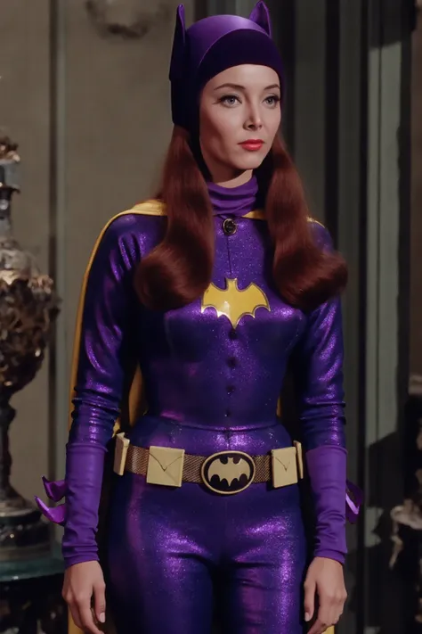 Ultrarealistic, 4K, high resolution. NSFW. Very young Lynda Carter, tall brunette very long hair middle-parted hairstyle, slender hourglass body, small waist, medium teardrop breasts. wearing batgirl cowl