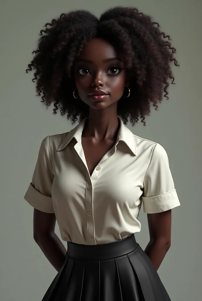 Black woman with a sculptural body in a school uniform with curly hair up to her shoulders very sexy, her face is kind of innocent and naughty at the same time very realistic who looks more like a human 