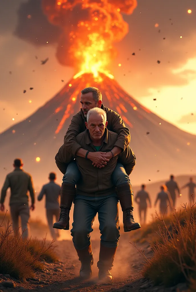 Make a picture in which a volcano erupts and people are running in the background and a SON HELPD HIS OLD FATHER  by putting him on his shoulders. THE SON THE FATHER 