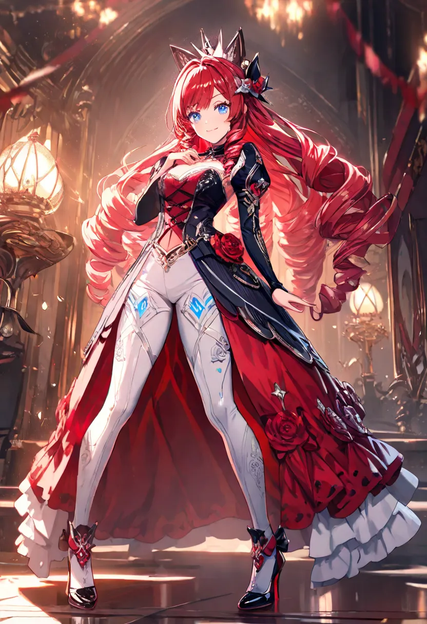 1 girle, Age 15, smile, long hair, drill hair, red Hair, Light Blue Eyes, Beautifully drawn lashes are long, full body, red gothic clothing, High Heels, Anime, Masterpiece, UHD, retina, masterpiece, accurate, anatomically correct, textured skin, super deta...