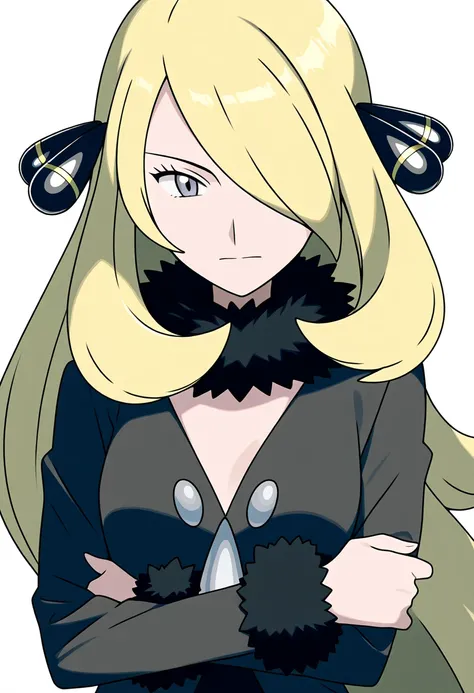  score_9,  score_8_up,  score_7_up, anime with Western European arms crossed on their backs, BREAK
1girl,  Cynthia \( Pokémon\), blond hair,  hair over one eye , very long hair,  gray eyes,  eyelashes, hair ornaments close to the garden,
black coat, black ...