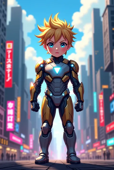 A baby superhero from anime a mix of Iron Man and Thor 