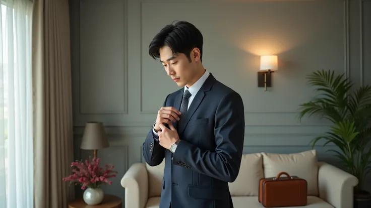 A 27-year-old Korean male. He is a tall and handsome young man preparing for a job. He is busy preparing from the morning for an interview.