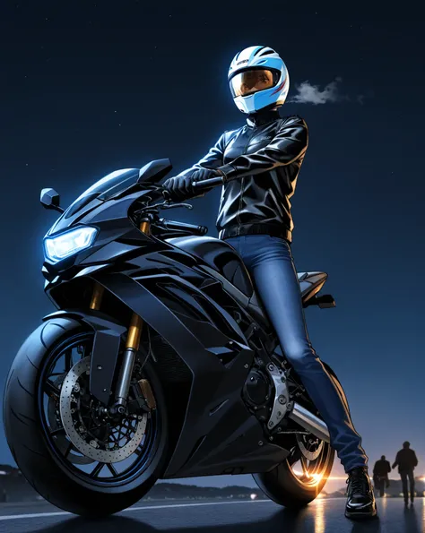 Boy riding a black sports bike、black jacket with jeans、Black shoes、Night Sky、The breath turns white、Hold the blue full face helmet