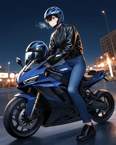 Boy riding a black sports bike、black jacket with jeans、Black shoes、Night Sky、The breath turns white、Hold the blue full face helmet