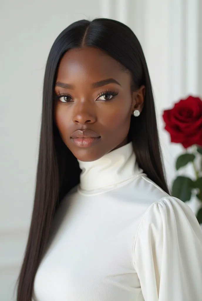 A close up half realistic image of a beautiful Nigerian size 14 woman Melanin skin,wearing a turtle neck white top with sleeves,with a flawless makeup,with a bone straight human hair 30 inches,wearing an high heel shoes, in a white background, with rose fl...