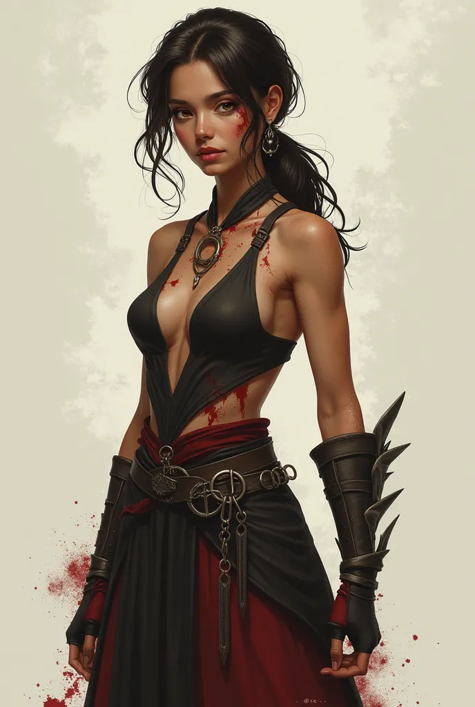 Character: Lyra has a slender and agile body. Her skin is lightly tanned. Her eyes are a deep amber tone. Her hair is dark brown, slightly disheveled, tied in a low ponytail, with a few loose strands.

Inspired by dark fantasy

Painting Techniques:
B. Colo...