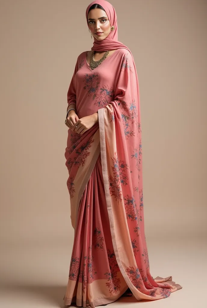 A beautiful woman in her twenties is elegantly dressed in a designer floral-printed saree, featuring a full-sleeved blouse and a gracefully draped long french rose and salmon georgette saree, showcasing both colors harmoniously. She wears a matching printe...