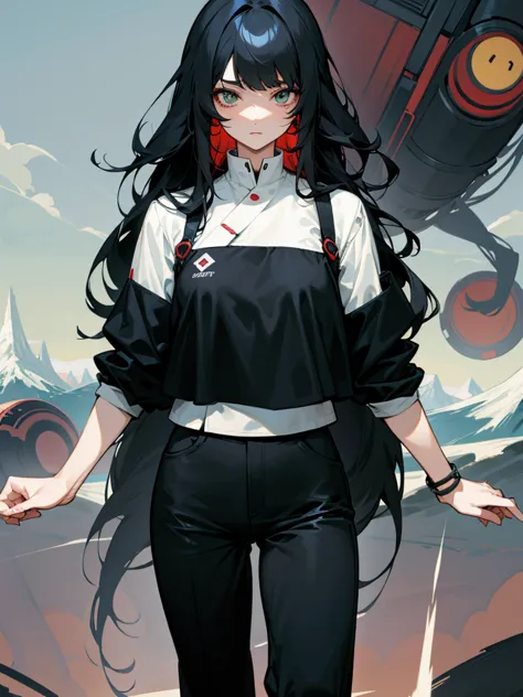 an anime woman with black and white hair, a red and green clockwork eyes. With Long Hair smooth wavy And Natural hair. It is nice and long about ankle length with black hair as like the main look but white strecks and the back of her hair almost a compleme...