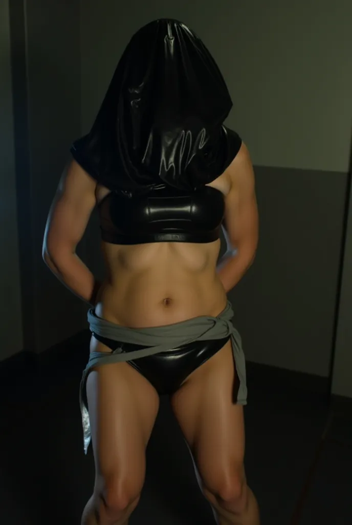 Professional photo cinematic quality, mature woman, hands tied up behind back, legs tied up, wearing black panties and bra, black bag over her head 