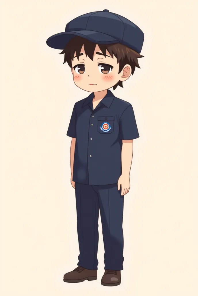 Shibuya style young man, cute, anime cartoon style, fair skin, wearing a dark blue short-sleeved uniform, slacks and a dark blue cap, short dark brown short hair, clear face, big eyes, blushing face, tired eyes, making a tired and exhausted expression, on ...