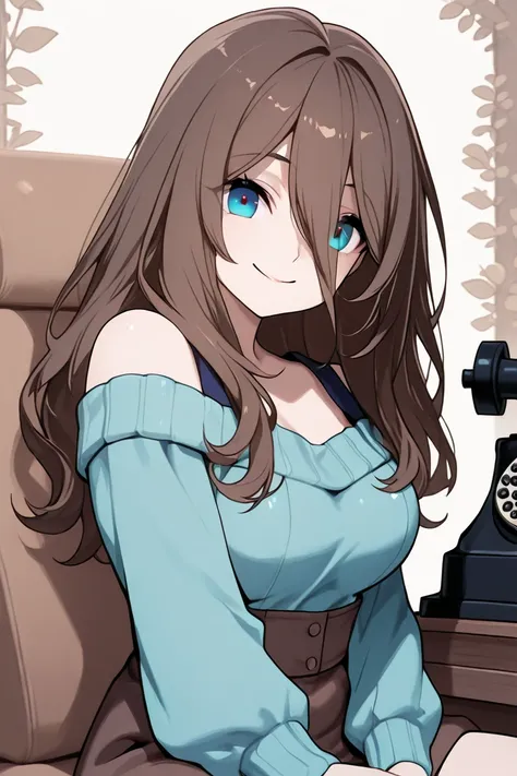 Caucasian girls,  thin, B cup breasts. blue eyes.  long wavy hair,  dark brown,  long open bangs . Just wear a blue sweater.  smiling. Sitting with a telephone.