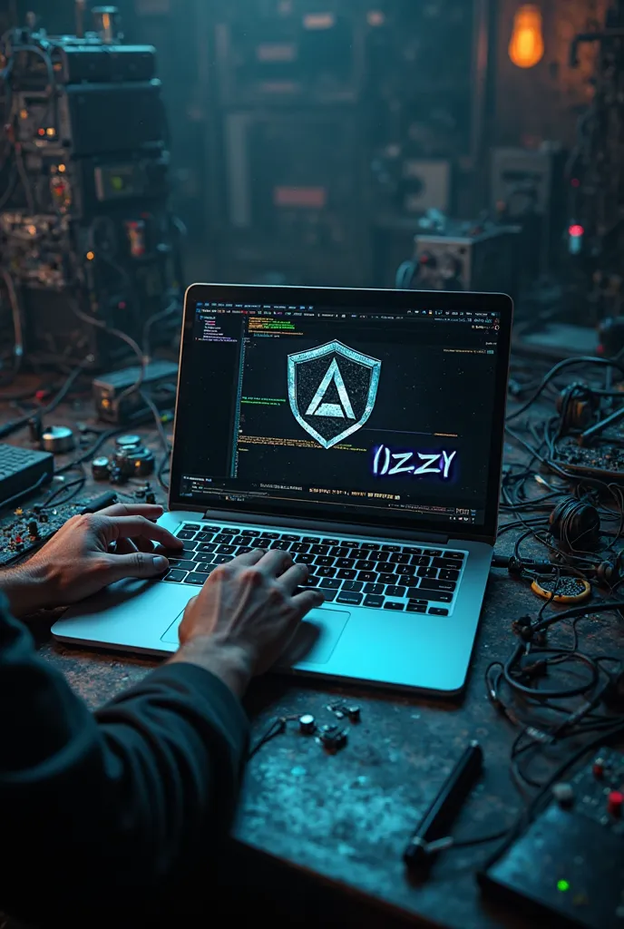 Image of a hackers laptop who uses blackarch linux operating system and the laptop should have Izzy written on the screen make it realistic and the name Izzy on screen should blend in