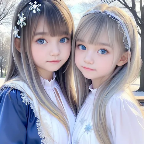 Highest quality、masterpiece、best image quality、realistic、((Transcendental Cute Sisters、Sisters with Beautiful Faces、 Two Sisters ))、 Japanese、With bangs、detailed shiny long hair with student bangs、 kind expression、perfect face、detailed faces、 thin lips、 wh...