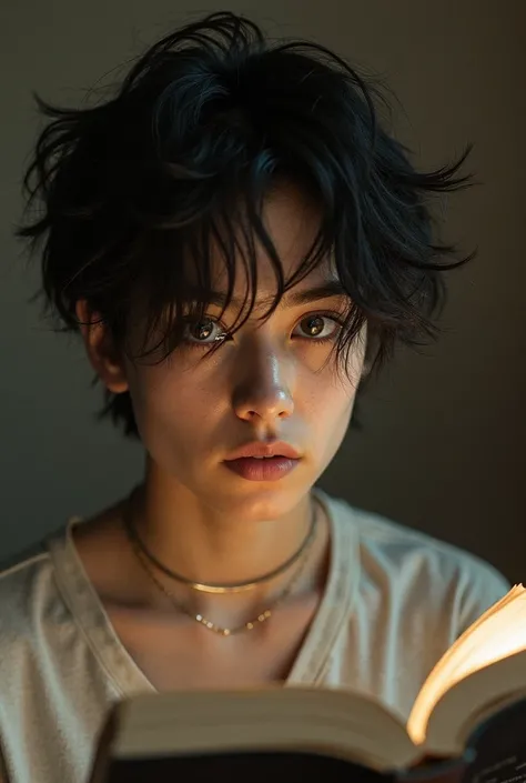 The image shows an 18-year-old Argentinian boy with a captivating appeal and a melancholic air. Her black hair is cut in a wolf cut , with layered locks that frame his face and fall with a disheveled but stylized air. Her skin is clear and clear contrast w...