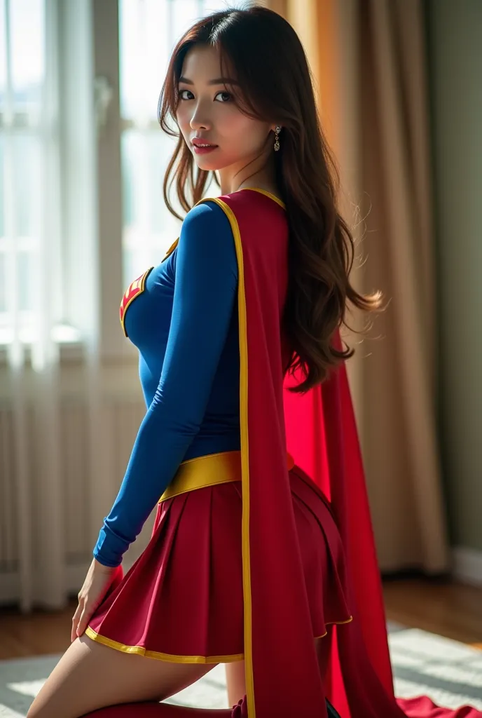 live-action、((( Japanese supergirl stands on her knees、Well-balanced musculature、Point your huge butt side at the camera、She is turning her back, looking back and facing the camera:1.9))) 、supergirl cosplay, nsfw ,

  full body image of a beautiful Japanes...