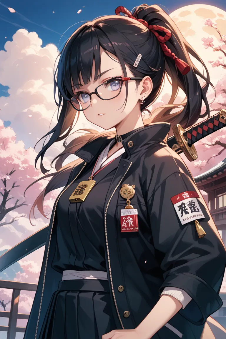  girls on the left　Japanese style　 black hair　 low ponytail　 Japanese sword　Black jacket　glasses　Three white eyes　　anime style