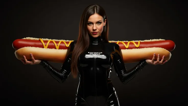  The national hot dog and sausage Council  written on Victorious black shiny wet look black cat suit as she holds a gigantic weiner hot dog in her hand and waves it around in a threatening manner    