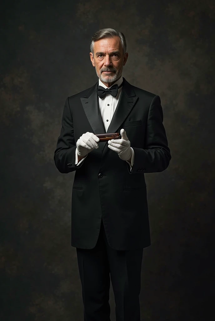 A male butler, 45 years old in white gloves and a solid suit, holds something long in his hands against a dark background