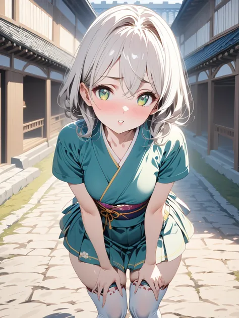 Wa Lolita, kimono skirt, furisode sleeves, medium silver hair,  girl with green eyes, Alone, The background is a castle,  alert ,  knee shot, corruption, Short sleeve, miniskirt, NSFW,