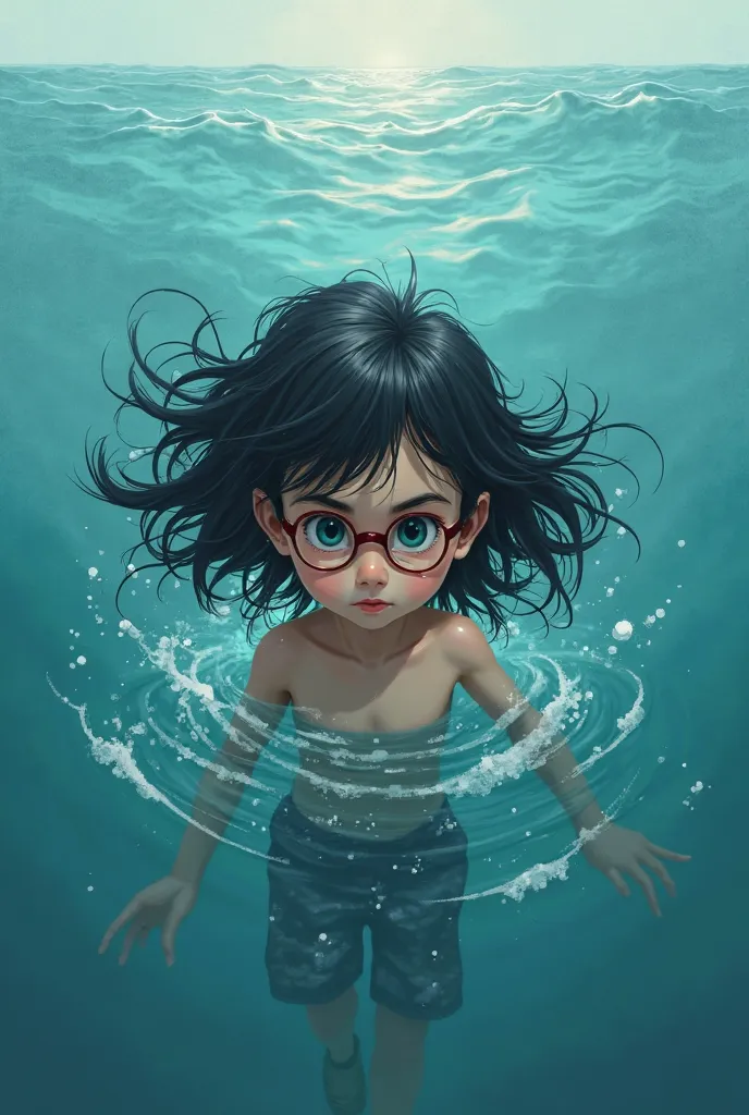 A human being at the age of ten years is in the sea with long hair. His hair is black and has a little bit of red hair. He wears homemade glasses and has been fishing for 300 years 