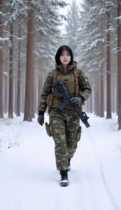 A beautiful young female soldier, 20 years old, walks through a serene yet unforgiving snow-covered pine forest. Her striking features exude both elegance and determination, with piercing eyes scanning the surroundings for any signs of movement. Her sleek ...