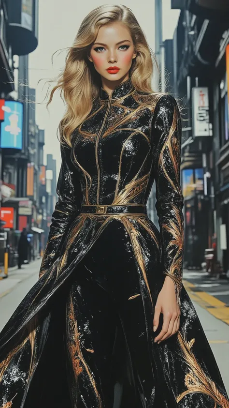 An amazing cyberpunk sexy model girl，full body，long blond hair，Science Fiction，Future Background，embroidered clothing