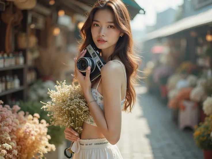 Create an image [Subject]: Beautiful portrait of a young asian woman holding a retro camera, partially hang  over neck of herself. [Details]: Long  brown hair styled naturally, relaxed white skirt with visible branded waistband, graceful body posture, clea...